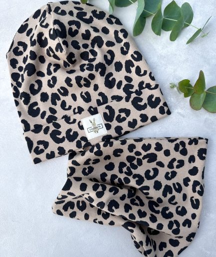 Leopardo rašto kepurės ir movos komplektas