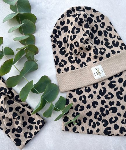 Leopardo rašto kepurės ir movos komplektas